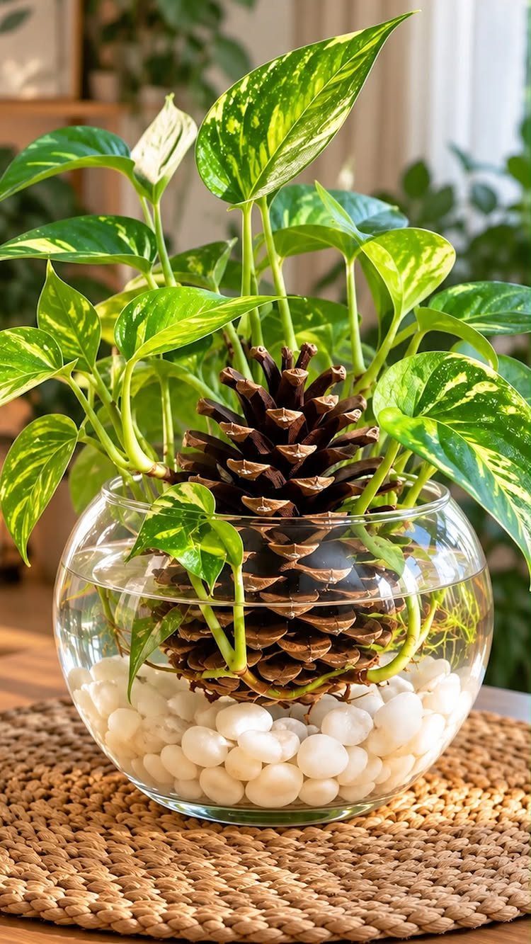 Variegated houseplant in a glass bowl with white pebbles and a pinecone.
