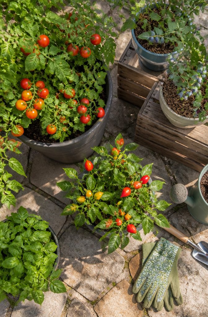 Edible Garden Design Ideas for a Beautiful, Productive Yard 5 Container garden with cherry tomatoes and peppers in pots.