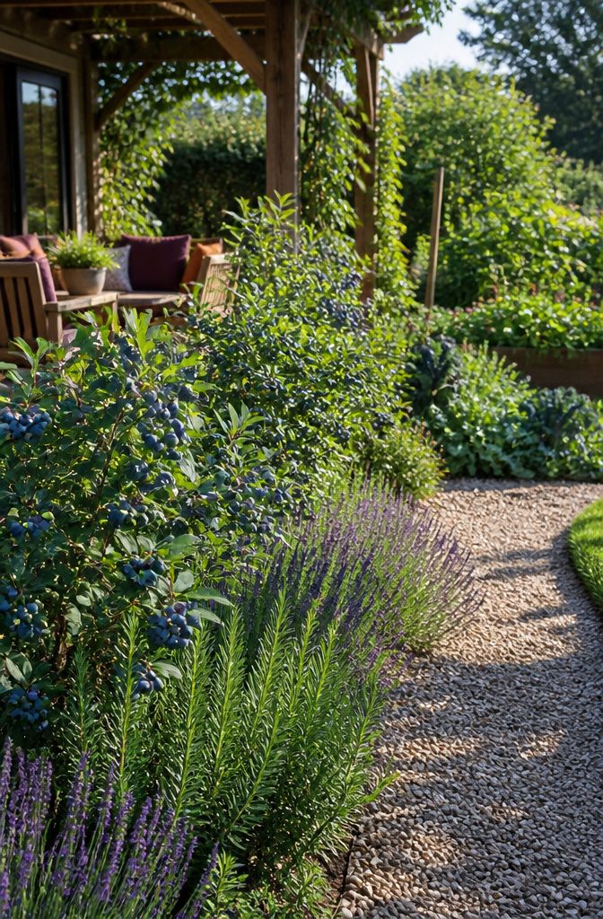 Edible Garden Design Ideas for a Beautiful, Productive Yard 3 A hedge of blueberry bushes surrounding a patio with herbs in the garden.