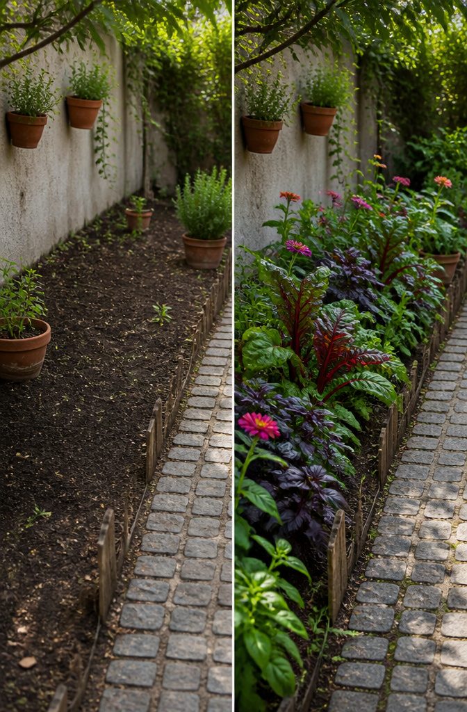 Edible Garden Design Ideas for a Beautiful, Productive Yard 1 Kale and zinnias growing in partial shade with leggy plants.
