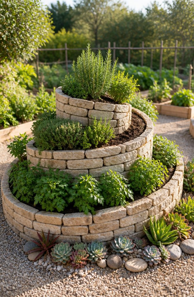Edible Garden Design Ideas for a Beautiful, Productive Yard 8 A stone herb spiral with various herbs at different heights.