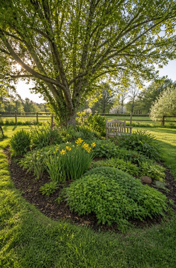 Edible Garden Design Ideas for a Beautiful, Productive Yard 2 A garden with layered plants including trees, shrubs, and ground cover.