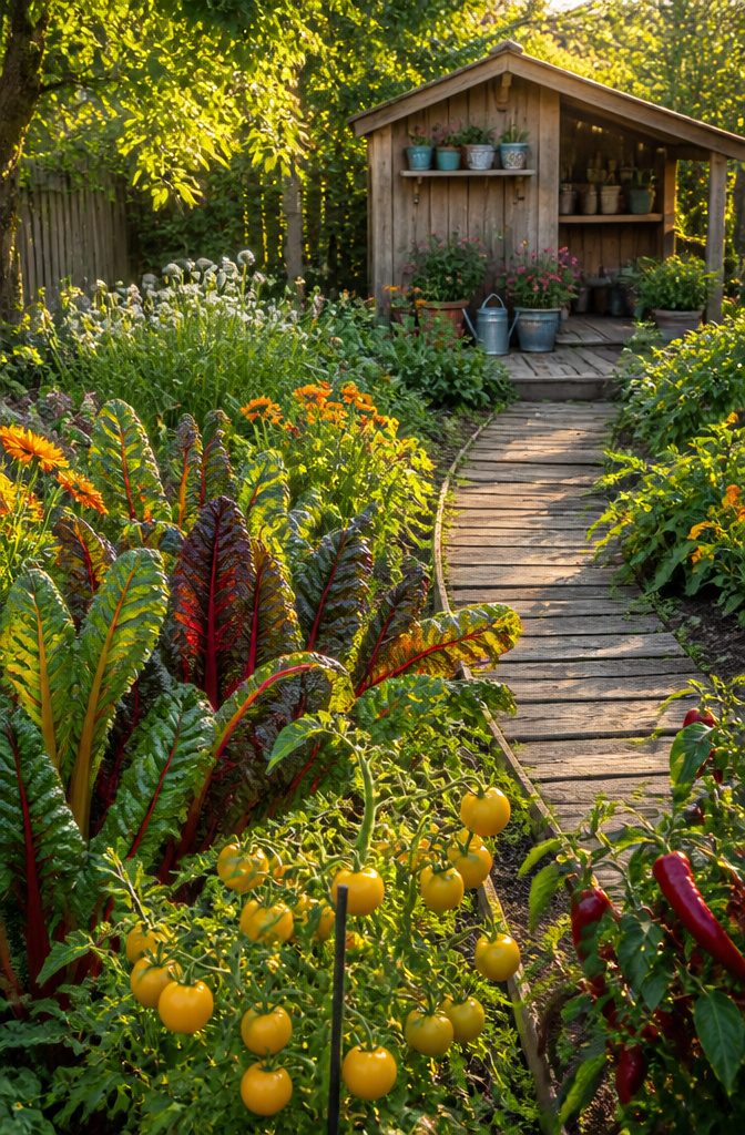 Edible Garden Design Ideas for a Beautiful, Productive Yard 7 A garden patch with rainbow chard, golden tomatoes, and red fall peppers.
