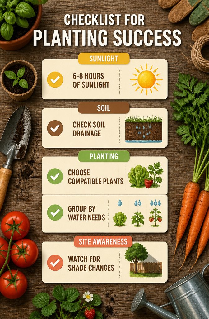 Edible Garden Design Ideas for a Beautiful, Productive Yard 11 Checklist for planting success with sunlight and soil considerations.