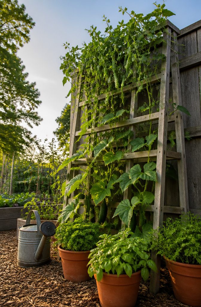 Edible Garden Design Ideas for a Beautiful, Productive Yard 4 A trellis with climbing peas and cucumbers in a garden setting.