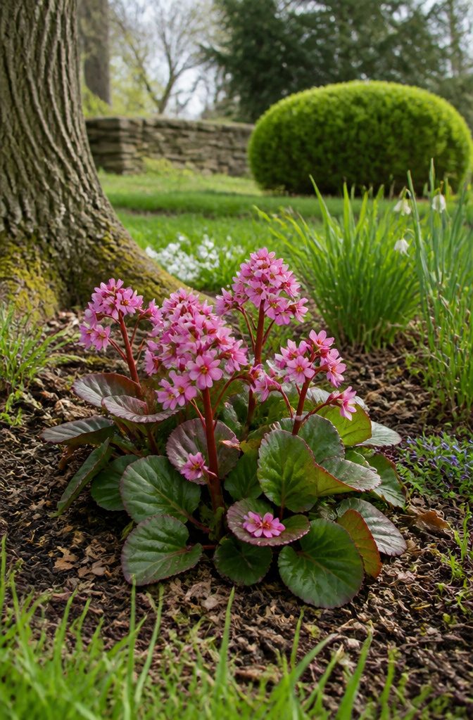 Our Favorite Early Blooming Perennials for the Spring Garden 6 Bergenia plant with pink flowers and large green leaves in a shaded area.