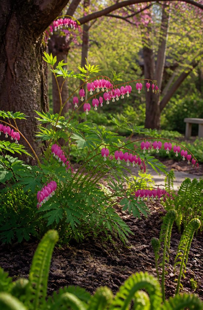 Our Favorite Early Blooming Perennials for the Spring Garden 2 Bleeding Heart plant with pink flowers and green foliage under a tree.