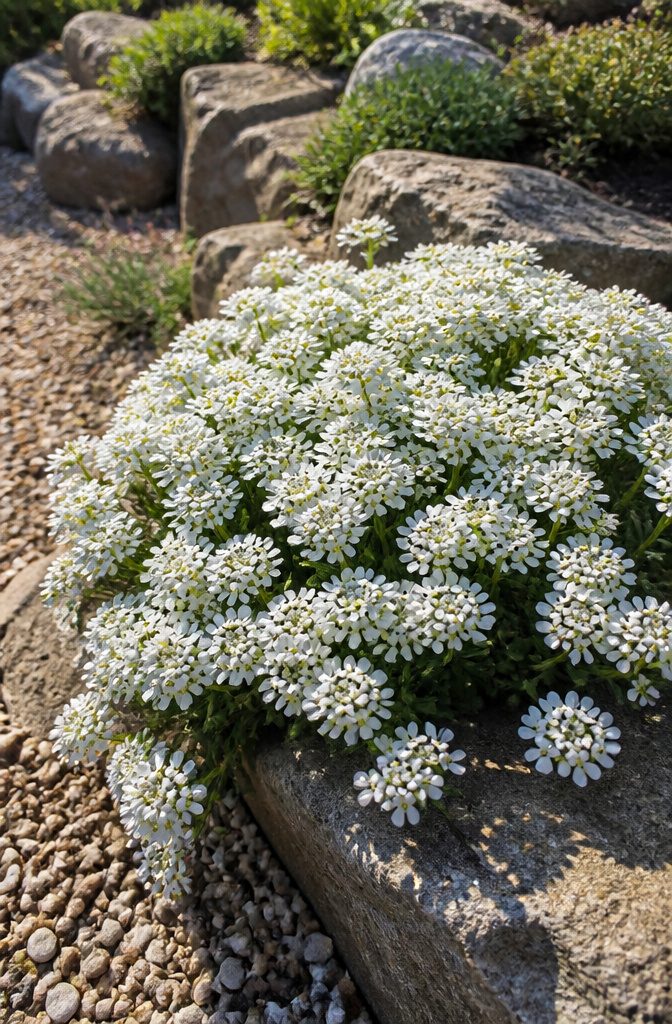 Our Favorite Early Blooming Perennials for the Spring Garden 7 Candytuft flowers in white atop green leaves in a garden setting.