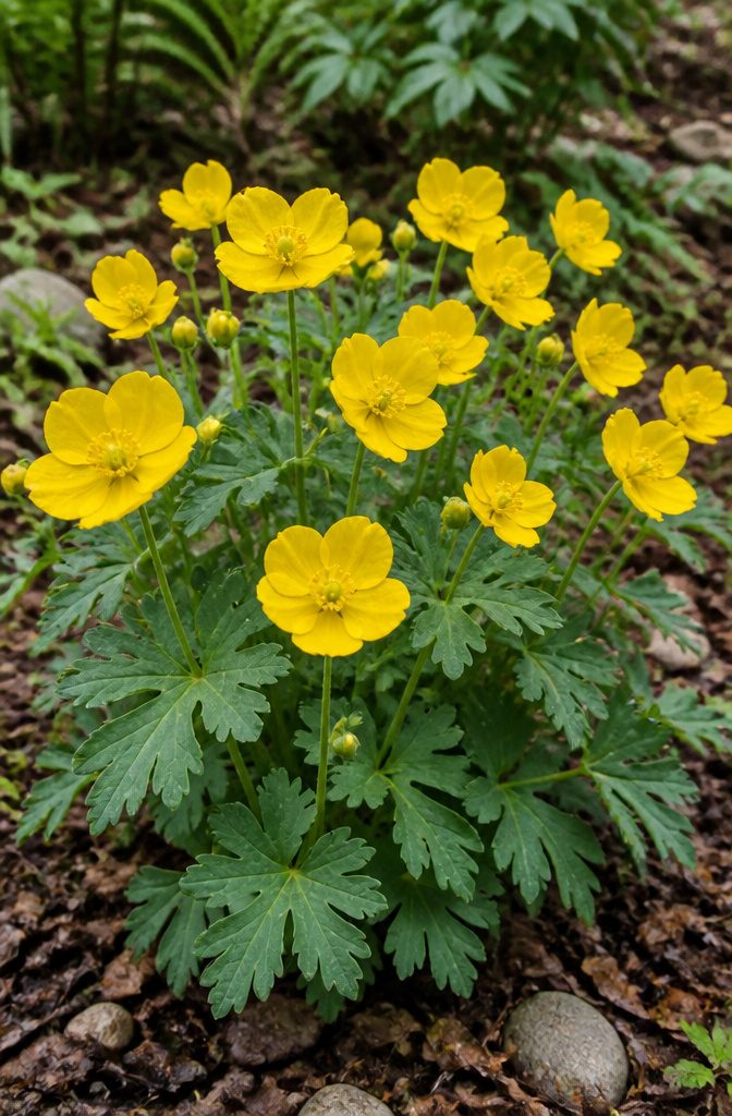 Our Favorite Early Blooming Perennials for the Spring Garden 12 Celandine Poppy with yellow flowers and green leaves in a woodland.