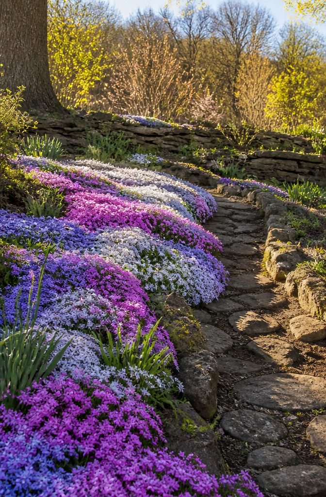 Our Favorite Early Blooming Perennials for the Spring Garden 3 Creeping phlox covered in pink, white, and blue flowers on a slope.