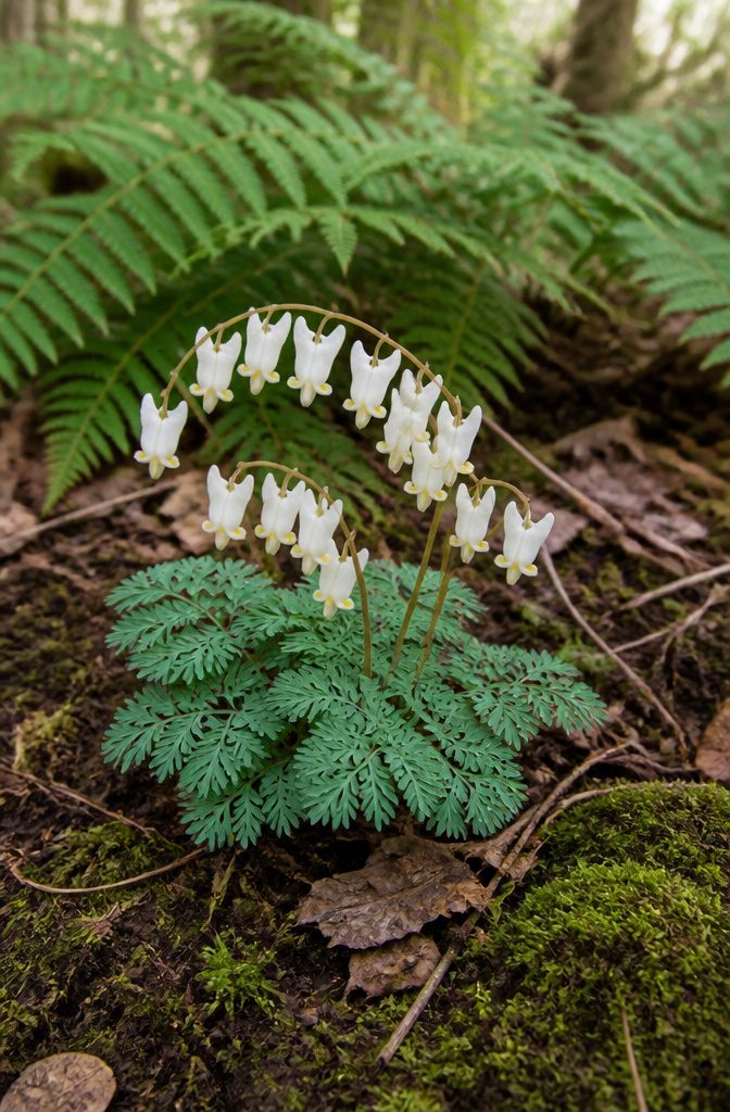Our Favorite Early Blooming Perennials for the Spring Garden 14 Dutchman's Breeches with white flowers and fern-like leaves in a garden.