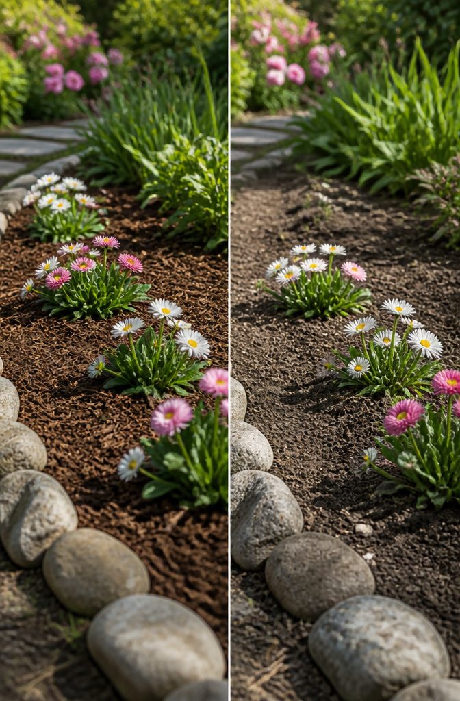 Our Favorite Early Blooming Perennials for the Spring Garden 20 English Daisy with white, pink, and red flowers in a garden.