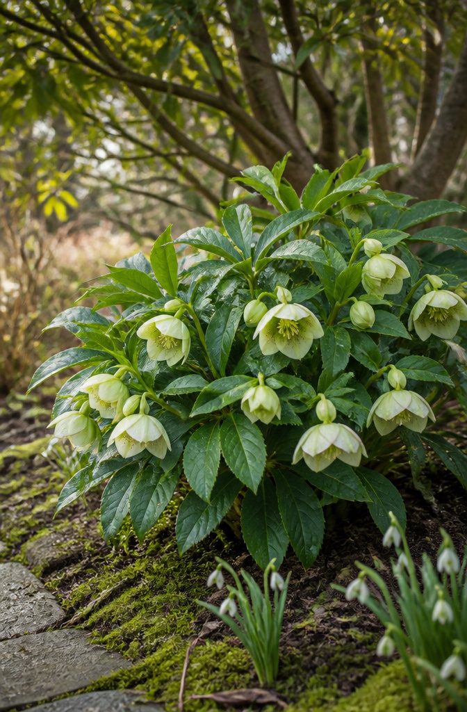 Our Favorite Early Blooming Perennials for the Spring Garden 1 Hellebore flowers in a garden, displaying green foliage and pink blooms.