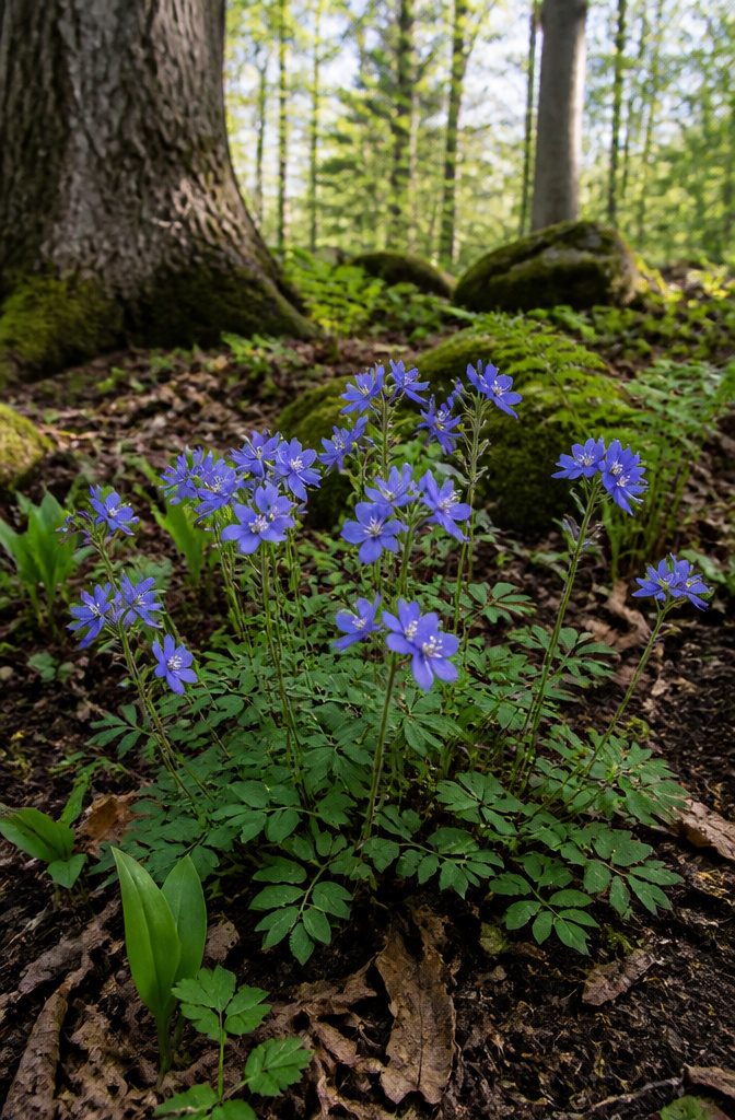 Our Favorite Early Blooming Perennials for the Spring Garden 10 Jacob's Ladder with blue flowers and green leaflets in a woodland.