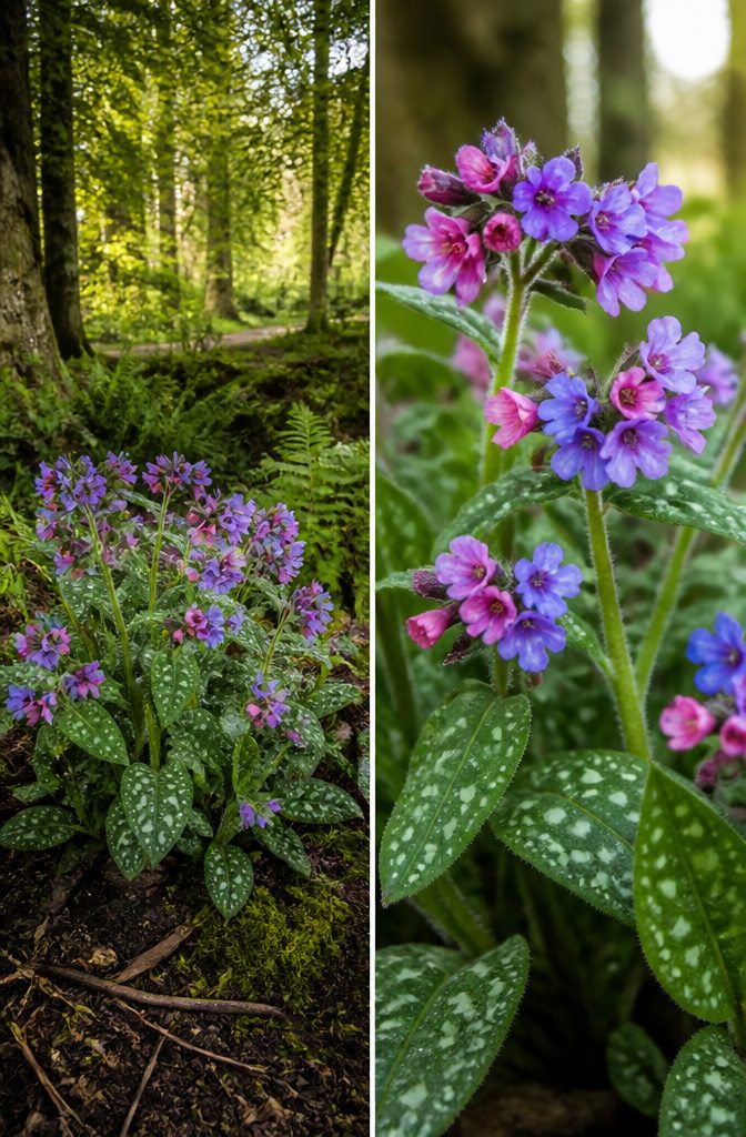 Our Favorite Early Blooming Perennials for the Spring Garden 4 Lungwort with pink and blue flowers and spotted green leaves in shade.