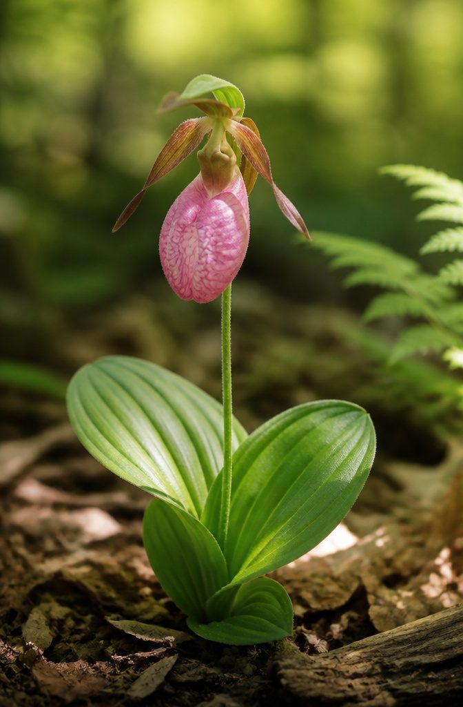 Our Favorite Early Blooming Perennials for the Spring Garden 19 Pink Lady's Slipper orchid with a bulbous pink flower in a woodland.