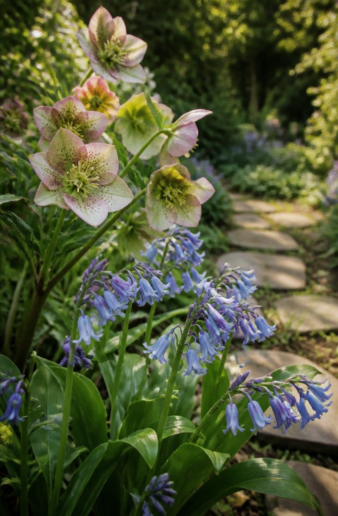 Our Favorite Early Blooming Perennials for the Spring Garden 22 Hellebores and Virginia Bluebells blooming with pollinators in a garden.