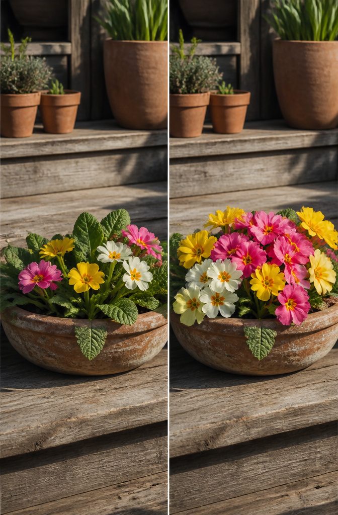 Our Favorite Early Blooming Perennials for the Spring Garden 8 Primrose with yellow, pink, and purple flowers in a shallow container.