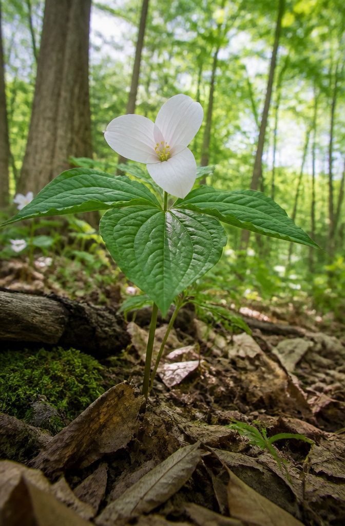 Our Favorite Early Blooming Perennials for the Spring Garden 13 Trillium with white or red petals and green leaves in a forest.