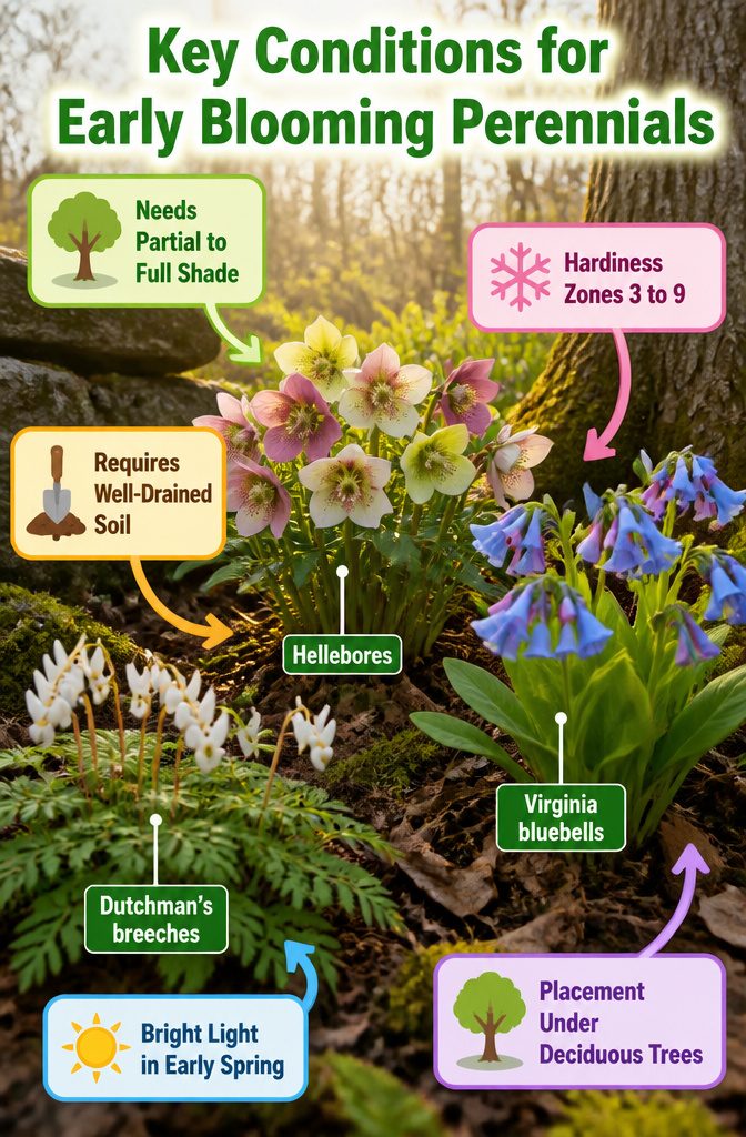 Our Favorite Early Blooming Perennials for the Spring Garden 21 Information image detailing conditions for early blooming perennials.