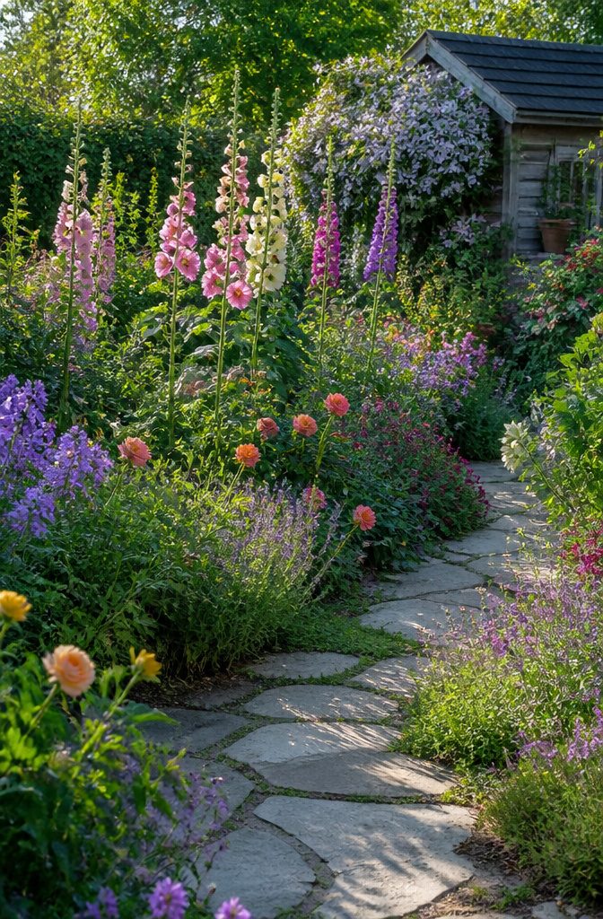 10 Flower Bed Ideas for Every Yard, Budget, and Skill Level 4 A cottage garden with hollyhocks, foxgloves, roses, and lavender.