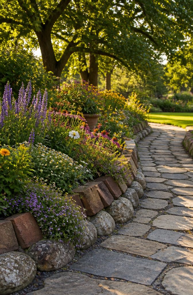 10 Flower Bed Ideas for Every Yard, Budget, and Skill Level 10 A flower bed edged with reclaimed brick and natural stones.