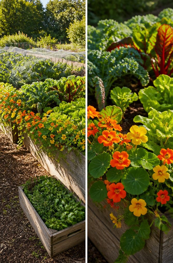10 Flower Bed Ideas for Every Yard, Budget, and Skill Level 6 An edible flower bed with nasturtiums, lettuce, and spinach.