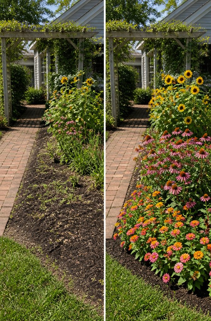 10 Flower Bed Ideas for Every Yard, Budget, and Skill Level 3 A layered flower bed with tall plants at the back and low plants in front.