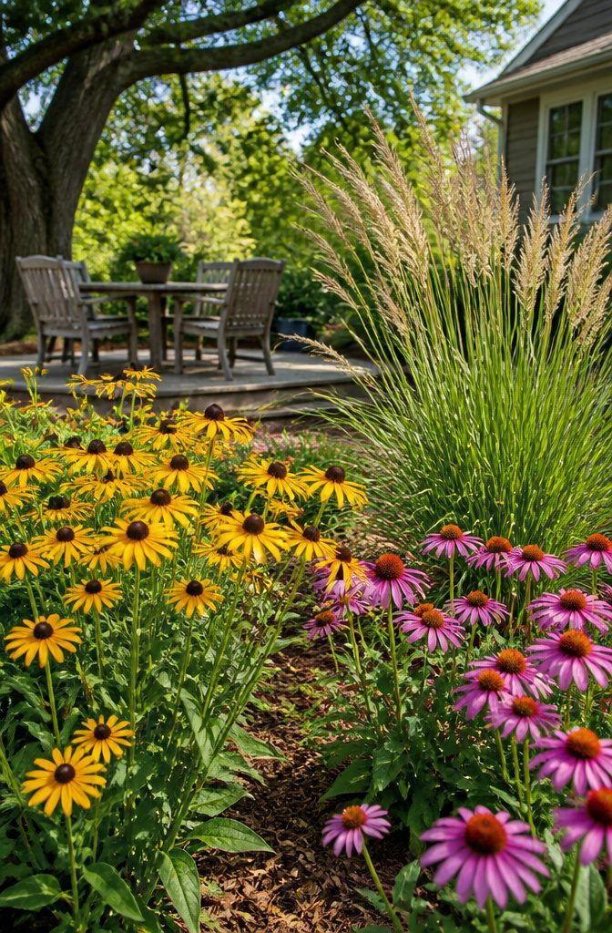 10 Flower Bed Ideas for Every Yard, Budget, and Skill Level 2 A low maintenance flower bed with black-eyed Susans, coneflowers, and ornamental grass.