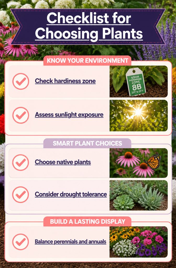 10 Flower Bed Ideas for Every Yard, Budget, and Skill Level 12 A checklist for selecting plants based on hardiness zones.