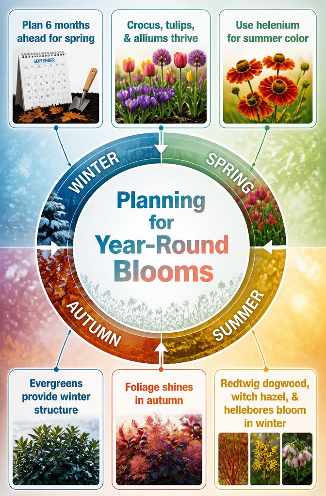 10 Flower Bed Ideas for Every Yard, Budget, and Skill Level 14 A plan for a garden with year-round blooms and seasonal interest.