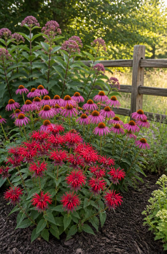 10 Flower Bed Ideas for Every Yard, Budget, and Skill Level 1 A pollinator flower bed with bee balm, coneflower, and milkweed.