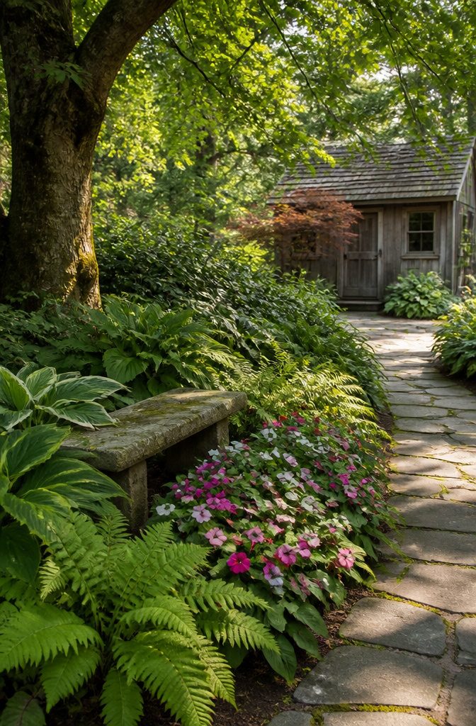 10 Flower Bed Ideas for Every Yard, Budget, and Skill Level 7 A shade flower bed with hostas, impatiens, and ferns under a maple tree.