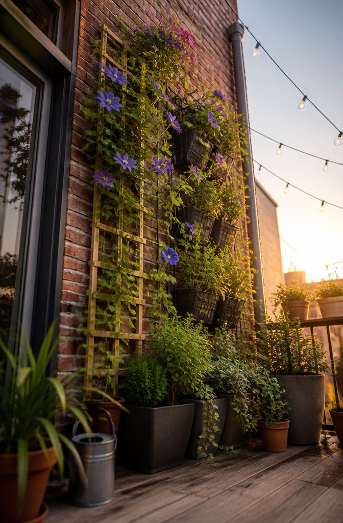 10 Flower Bed Ideas for Every Yard, Budget, and Skill Level 9 A vertical flower bed with trellises and climbing plants.