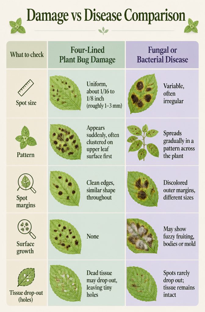 Four-Lined Plant Bugs: Identification, Damage, and Control for 2026 10 Comparison chart of four-lined plant bug damage versus fungal disease.