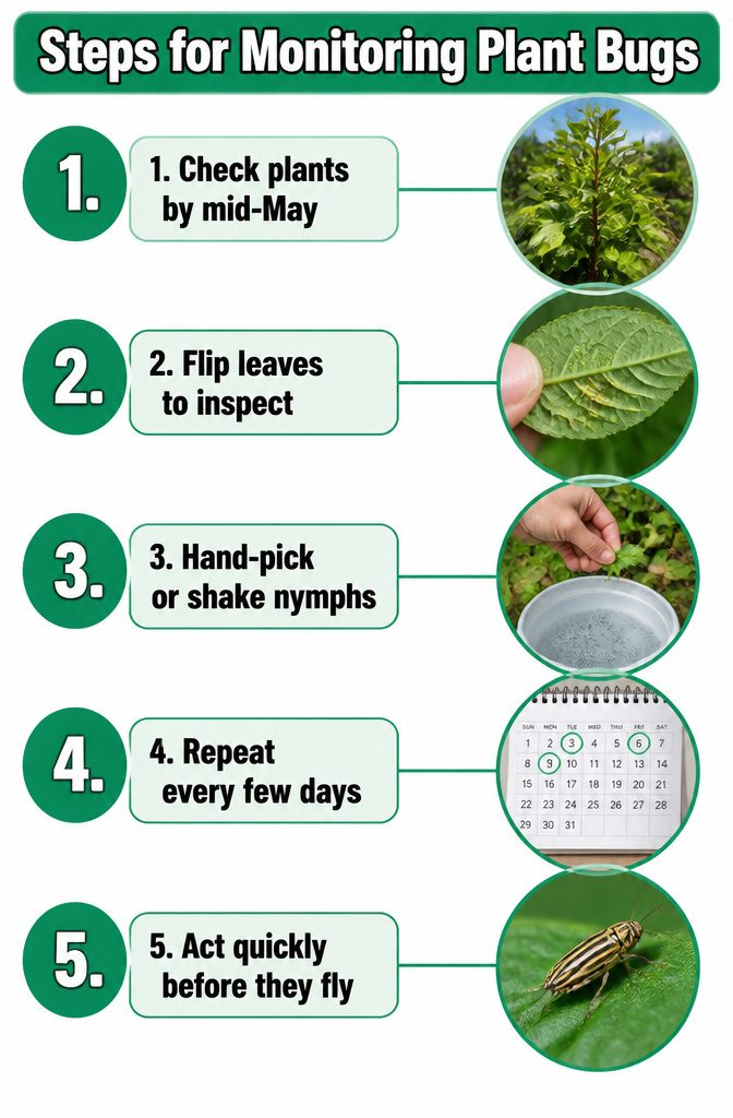 Four-Lined Plant Bugs: Identification, Damage, and Control for 2026 5 Steps for monitoring four-lined plant bugs on garden plants.