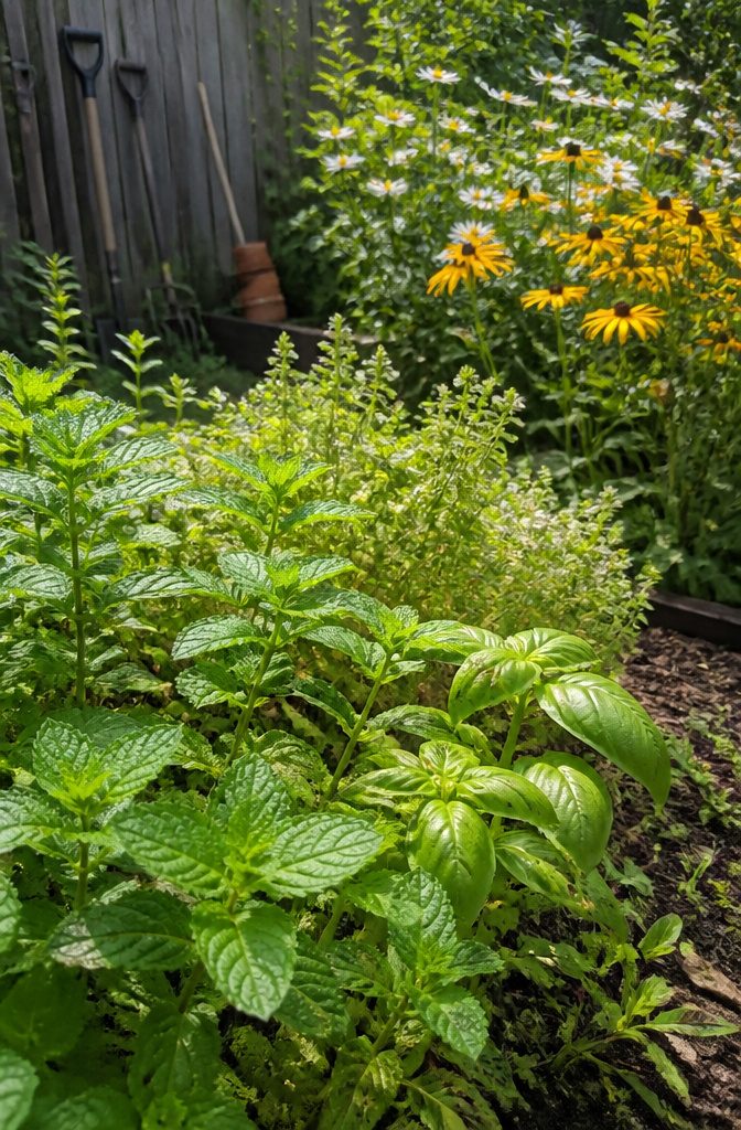 Four-Lined Plant Bugs: Identification, Damage, and Control for 2026 4 Garden bed featuring mint, basil, and flowering perennials.