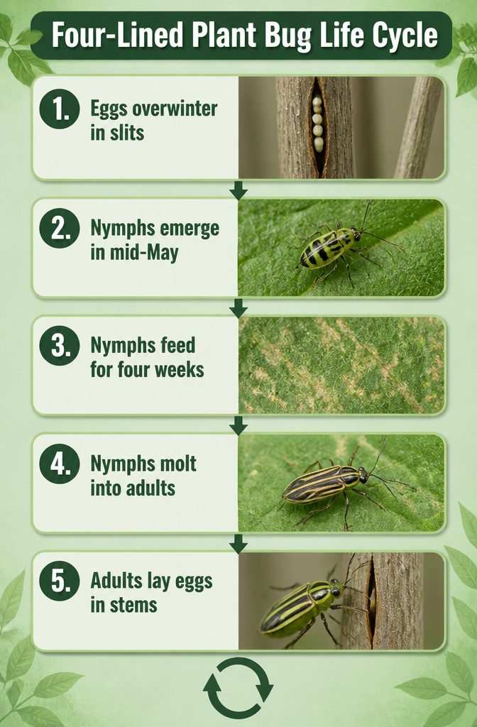 Four-Lined Plant Bugs: Identification, Damage, and Control for 2026 3 Diagram illustrating the life cycle of four-lined plant bugs.