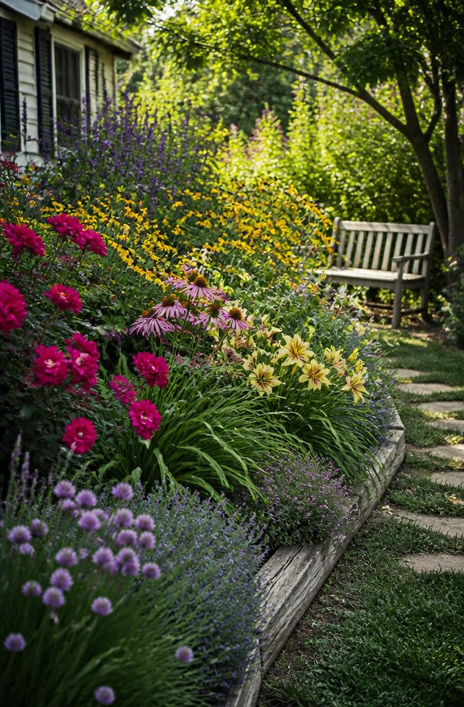 10 Front Garden Design Ideas for Every Home Style 1 A lush cottage garden with various flowers and herbs.