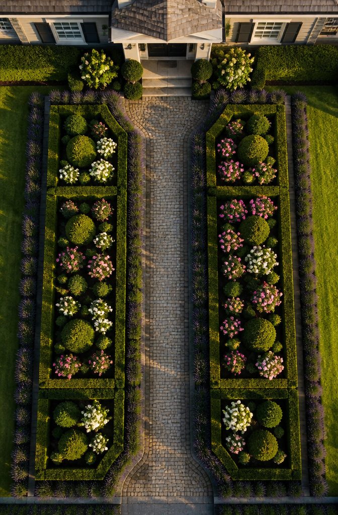 10 Front Garden Design Ideas for Every Home Style 7 A structured formal garden featuring symmetrical plant beds and boxwoods.