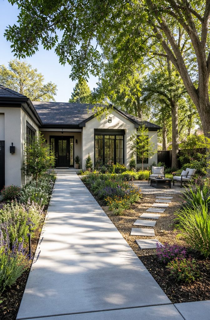 10 Front Garden Design Ideas for Every Home Style 13 A front yard featuring a bench positioned along a garden path.