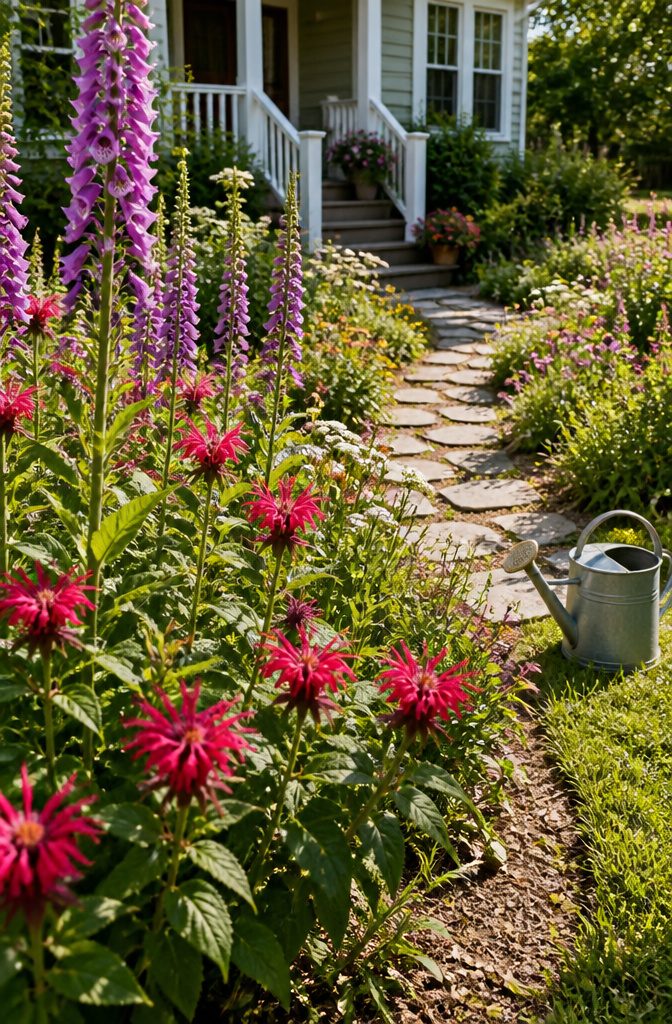 A vibrant pollinator garden featuring flowers like bee balm and foxgloves.