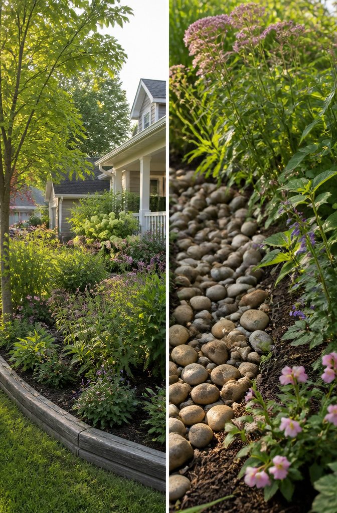 10 Front Garden Design Ideas for Every Home Style 11 A rain garden with a shallow depression, river rock, and various plants.