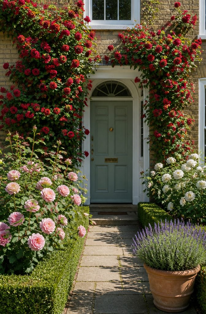 10 Front Garden Design Ideas for Every Home Style 5 An elegant rose garden featuring climbing roses and colorful blooms.