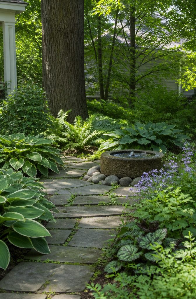 10 Front Garden Design Ideas for Every Home Style 4 A tranquil shade garden with hostas, ferns, and a small fountain.