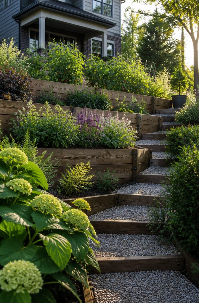 10 Front Garden Design Ideas for Every Home Style 9 A sloped front yard transformed into a terraced garden with distinct levels.