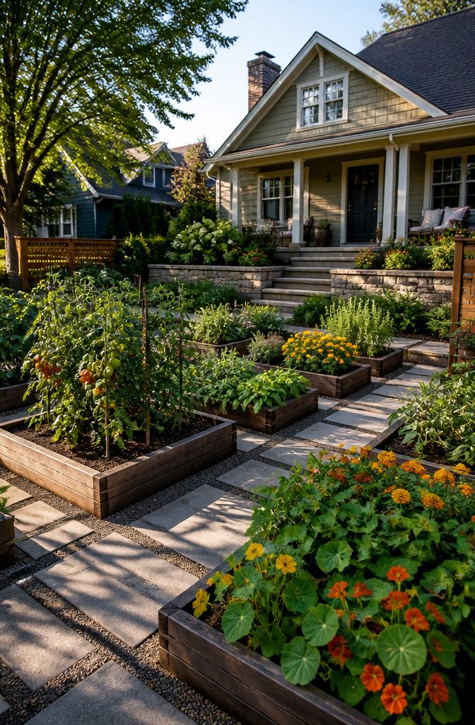 A front yard vegetable patch featuring raised beds and flowering plants.
