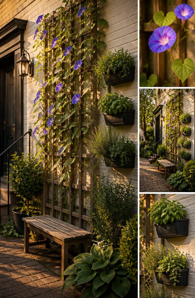 10 Front Garden Design Ideas for Every Home Style 12 A narrow garden space featuring a wooden trellis with climbing plants.