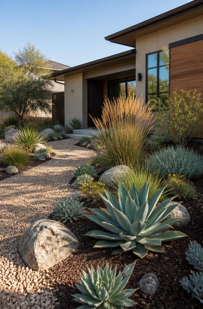 10 Front Garden Design Ideas for Every Home Style 10 A contemporary xeriscape garden featuring succulents and native grasses.