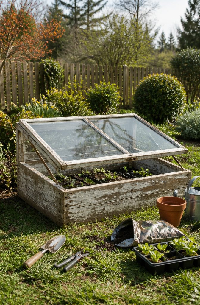 Wooden cold frame with glass windows, surrounded by gardening tools.